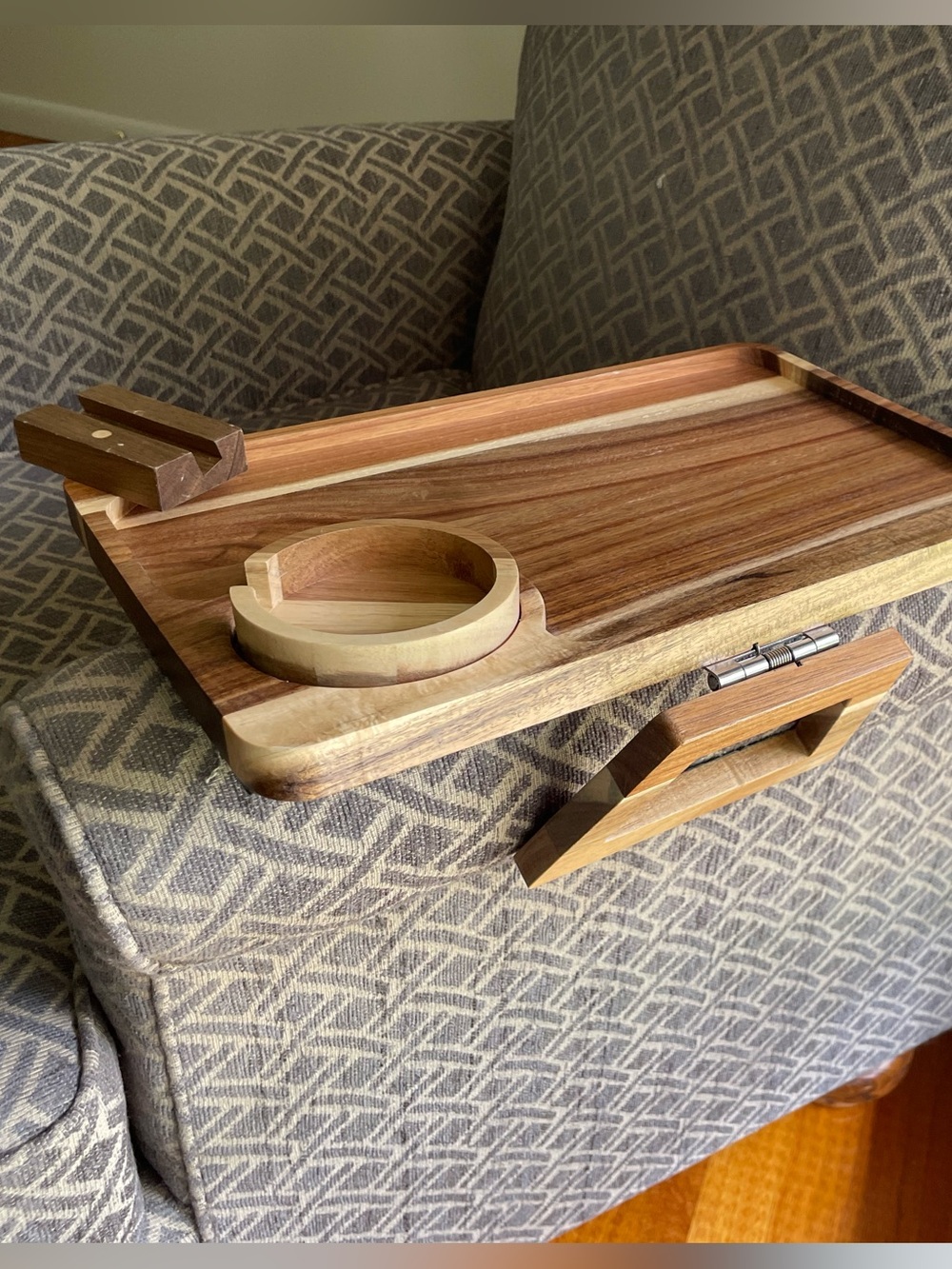 Wooden Couch Armrest Tray with Cup Holder and Phone Stand - Natural Brown